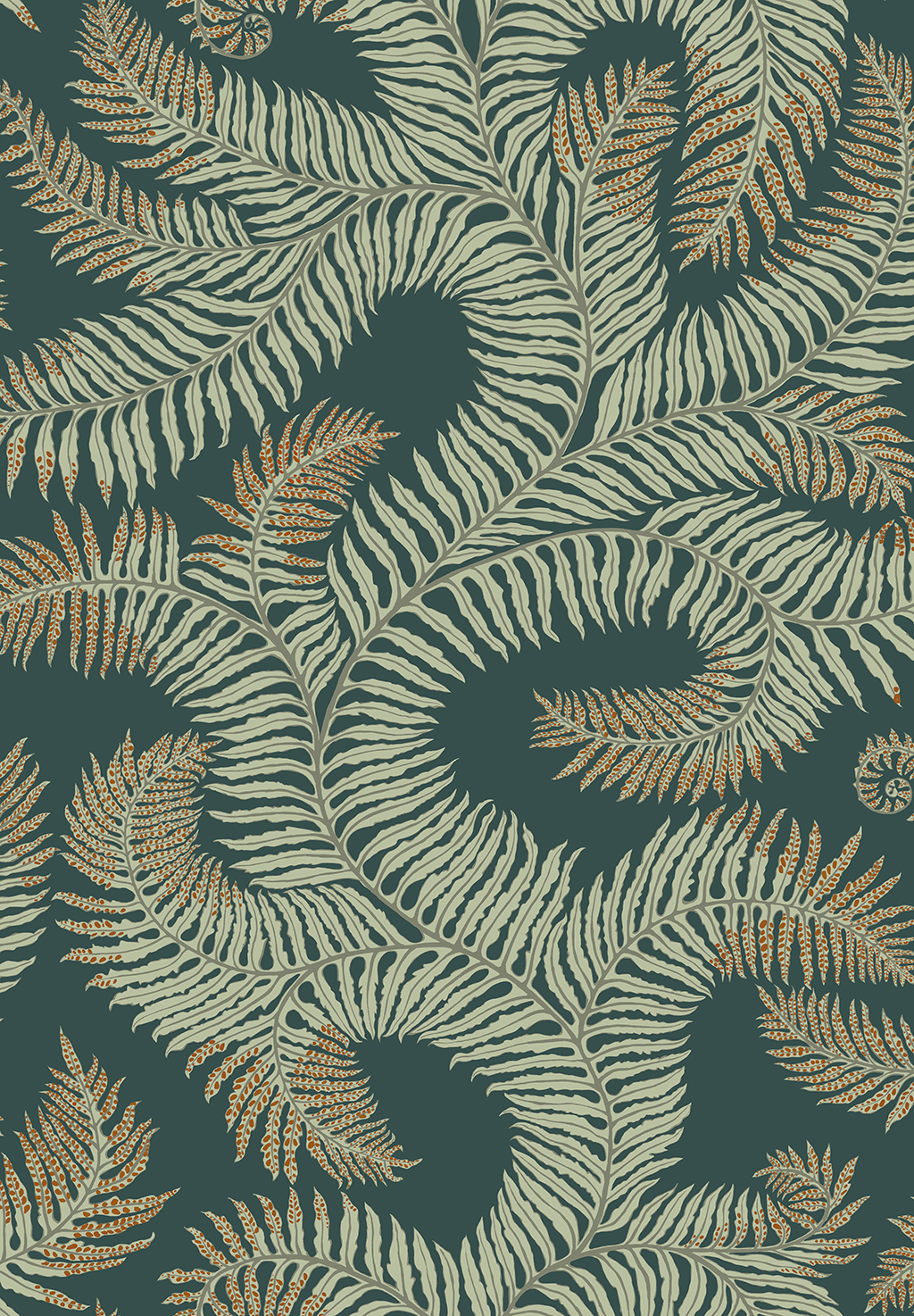 Bombes Fernery Wallpaper - Teal and Orange