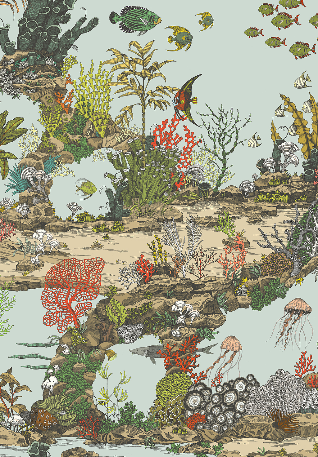 Underwater Jungle Wallpaper - Soft Aqua & Coral