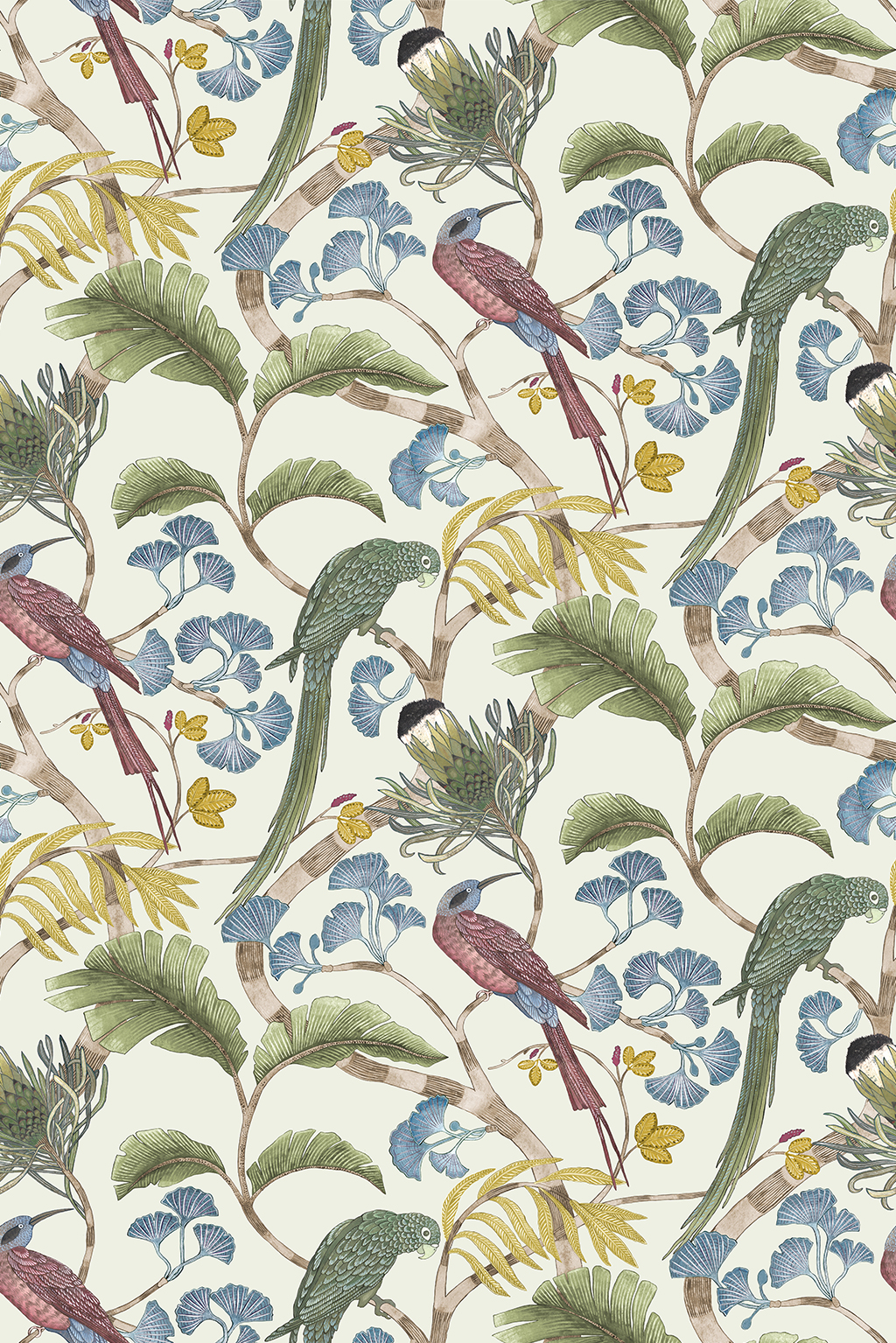Living Branches Wallpaper - Ivory, Soft Olive and Yellow