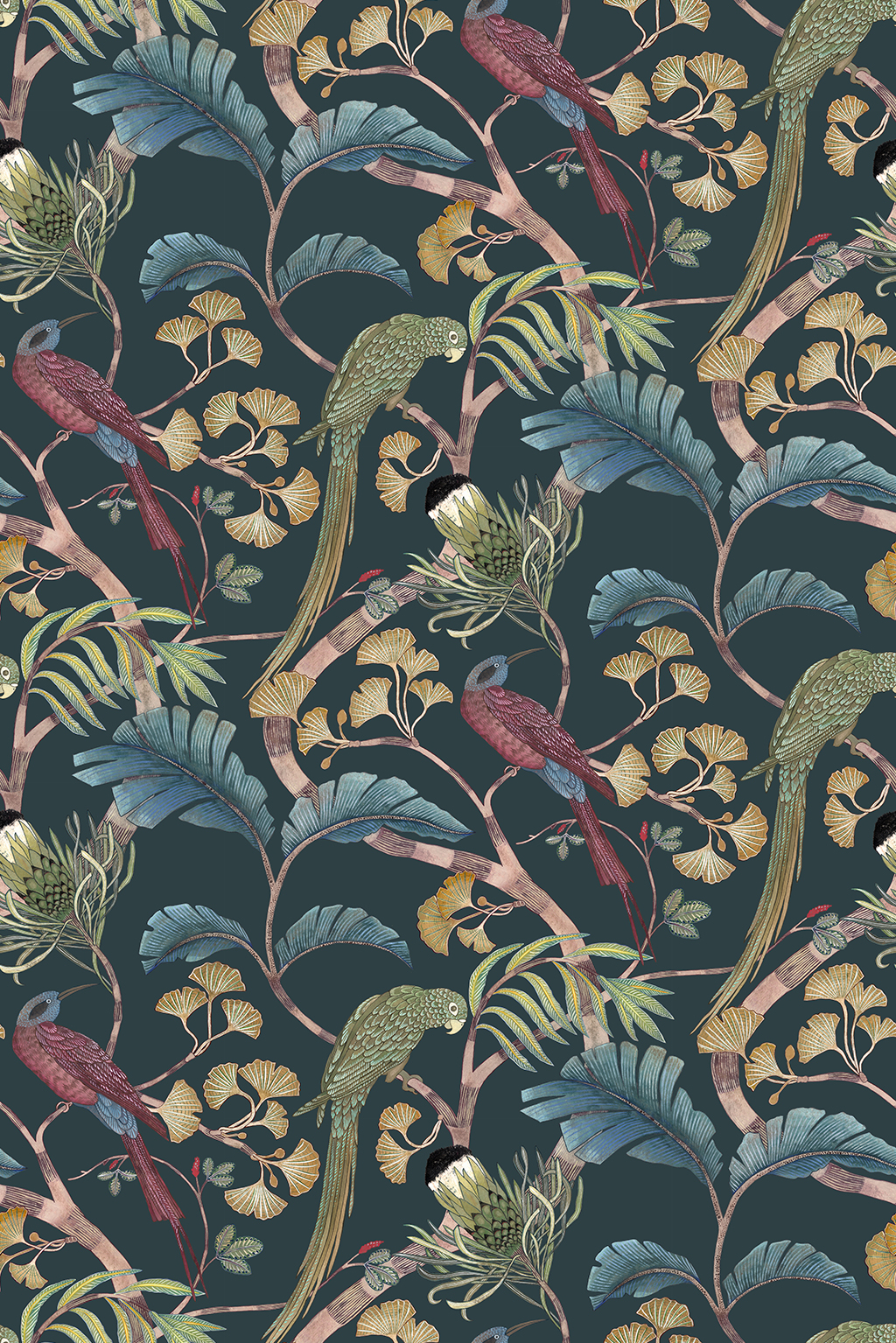 Living Branches Wallpaper - Dark Teal, Yellow and Olive