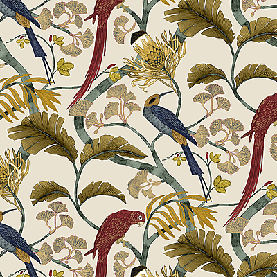 Living Branches Wallpaper - Red, Turquoise and Ecru