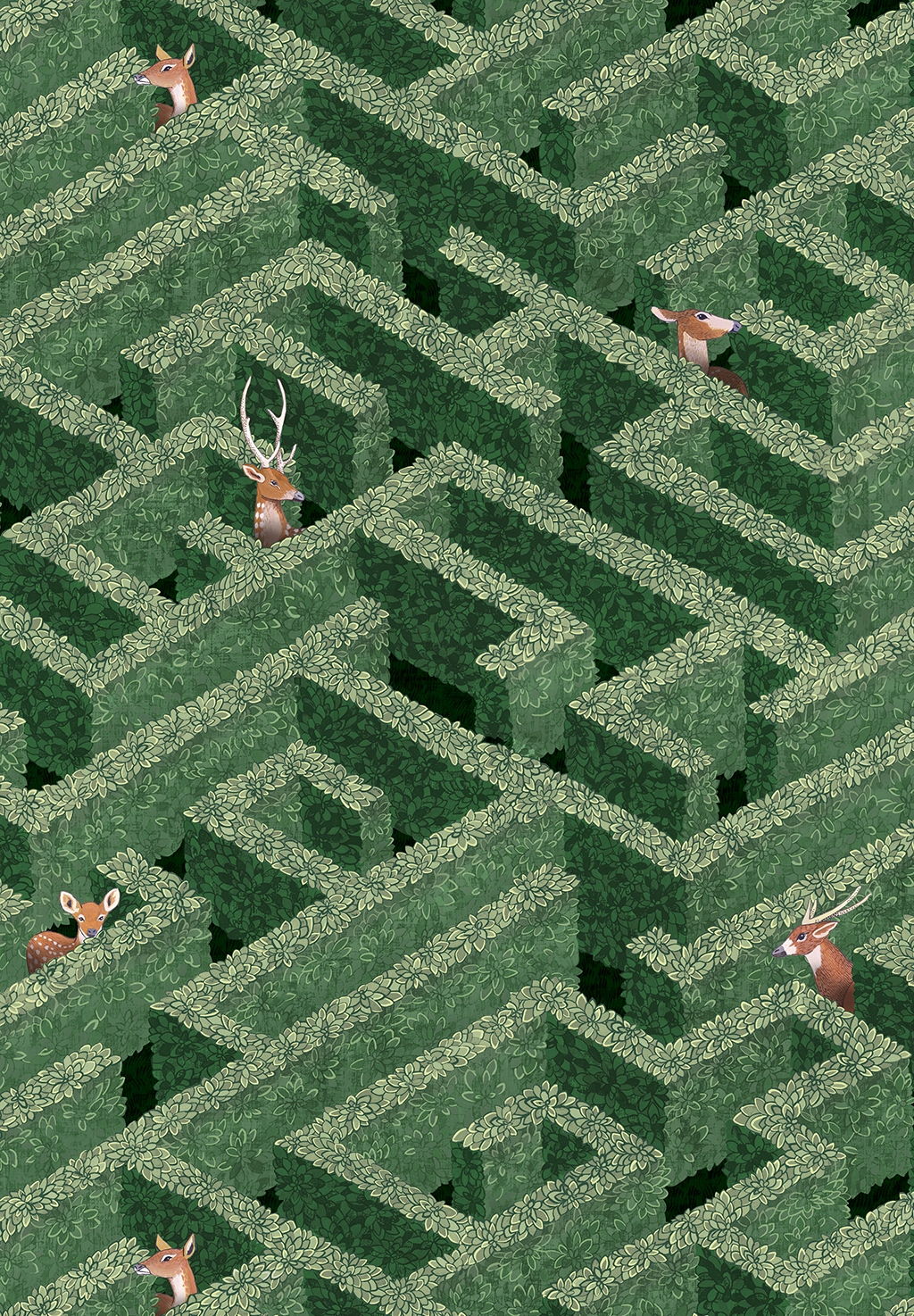 Labyrinth with Deers Wallpaper - Green
