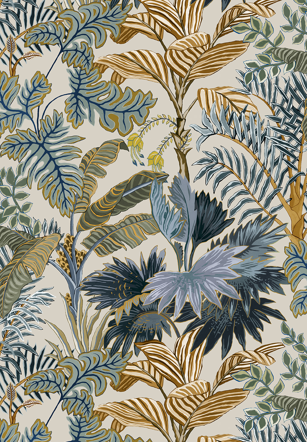 Palm Grove Wallpaper - Ecru and Blue