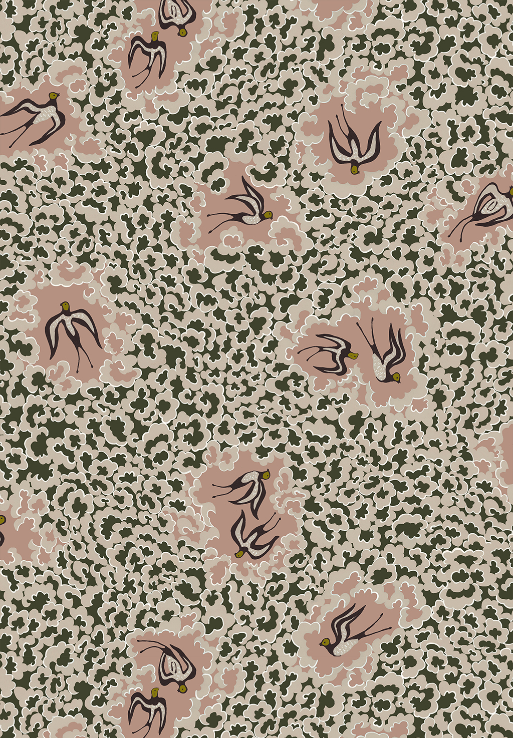 Bea's Swallows Wallpaper - Chaingate Green and Ham Pink