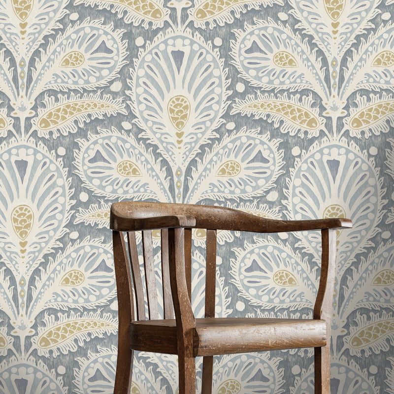 Ikat Clover Wallpaper - Blue and Yellow